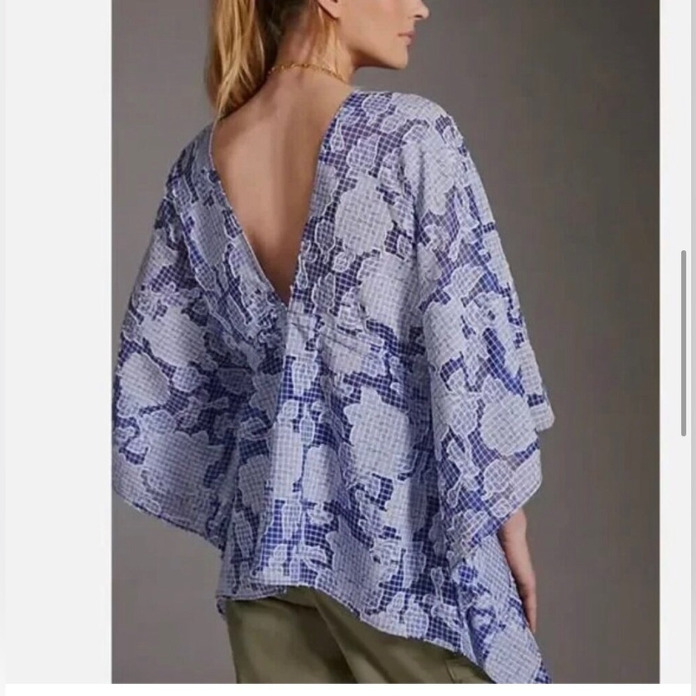 By Anthropologie Tie-Front Caftan Blue Floral One Size - Picture 3 of 5